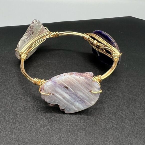 Gemstone Wire Wrap Gold-Tone Bangle Bracelet - Picture 2 of 4